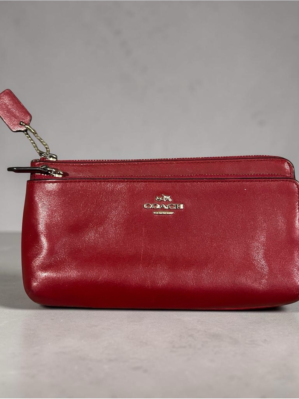 Coach Red Leather Double-Zip Wallet AS IS missing zipper pull